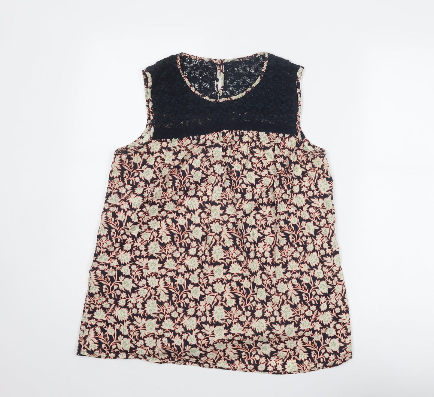Marks and Spencer Womens Multicoloured Floral Cotton Basic Blouse Size 12 Round Neck - Lace Detail
