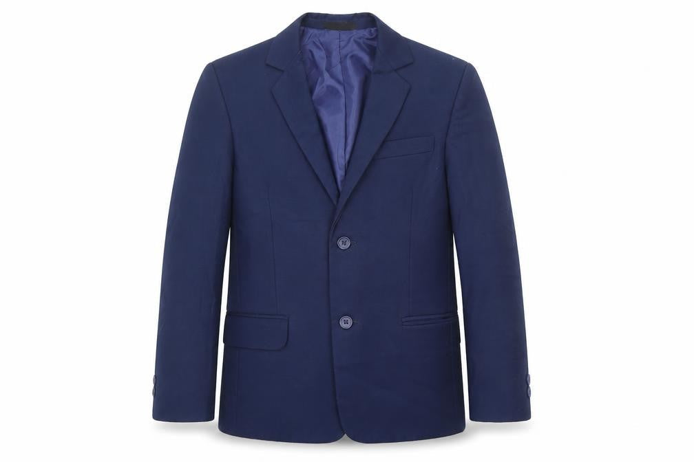Front view of VivaKi boys’ blue jacket, size 8, years button - suit jacket