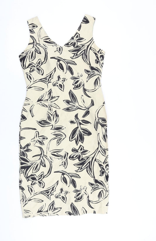 Precis Womens Beige Geometric Silk Shift Size 8 V-Neck Zip