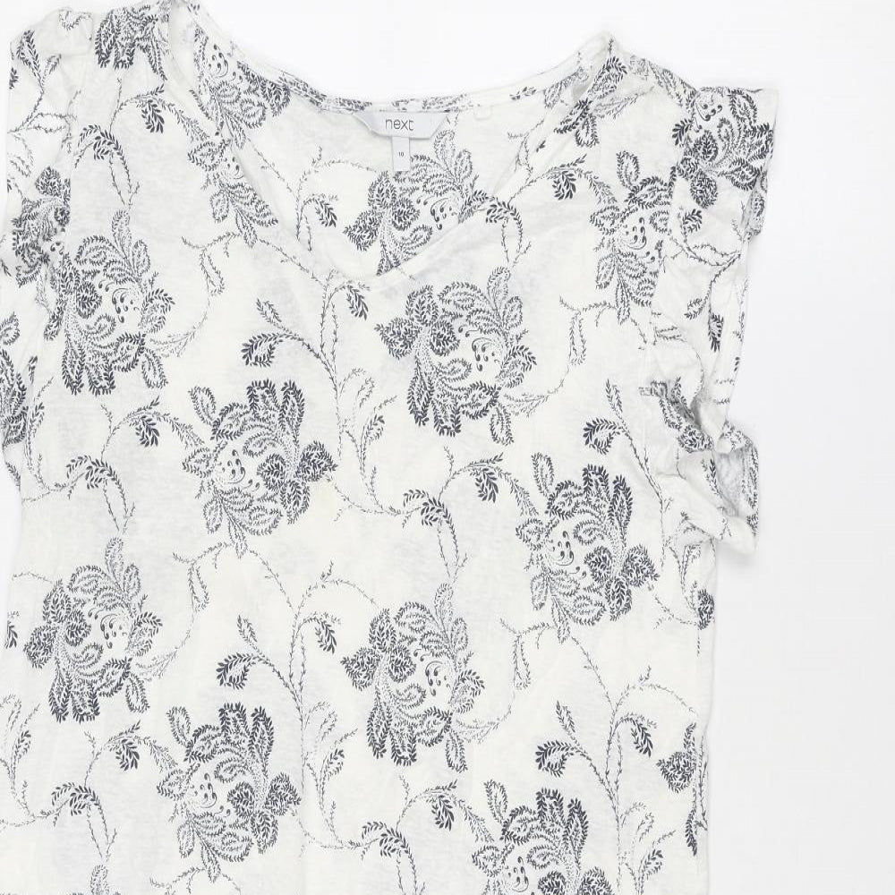 NEXT Womens White Floral Linen Fit & Flare Size 10 V-Neck Pullover