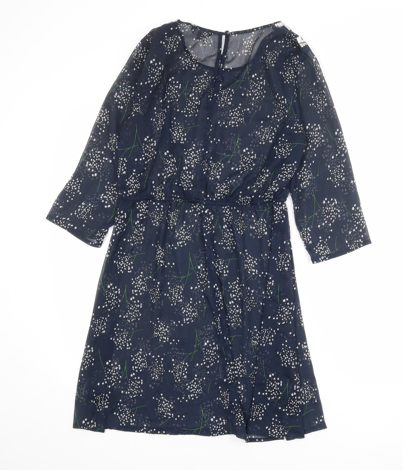 Limited Collection Womens Blue Floral Polyester A-Line Size 10 Round Neck Button