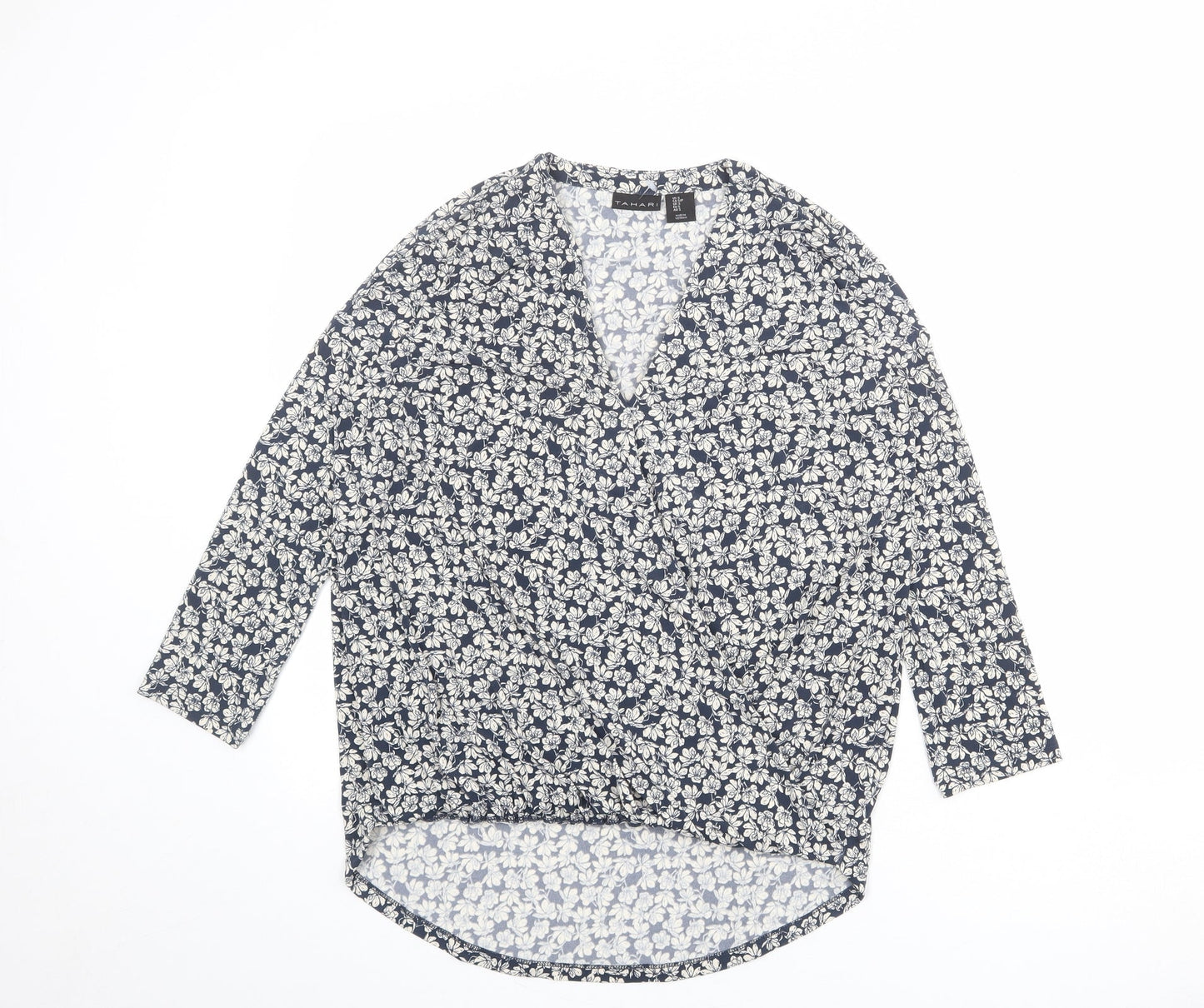 Tahari Womens Blue Floral Polyester Basic Blouse Size S V-Neck