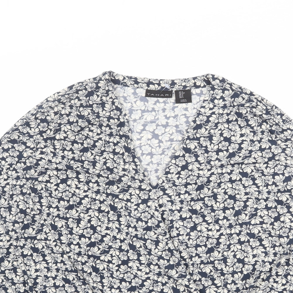 Tahari Womens Blue Floral Polyester Basic Blouse Size S V-Neck
