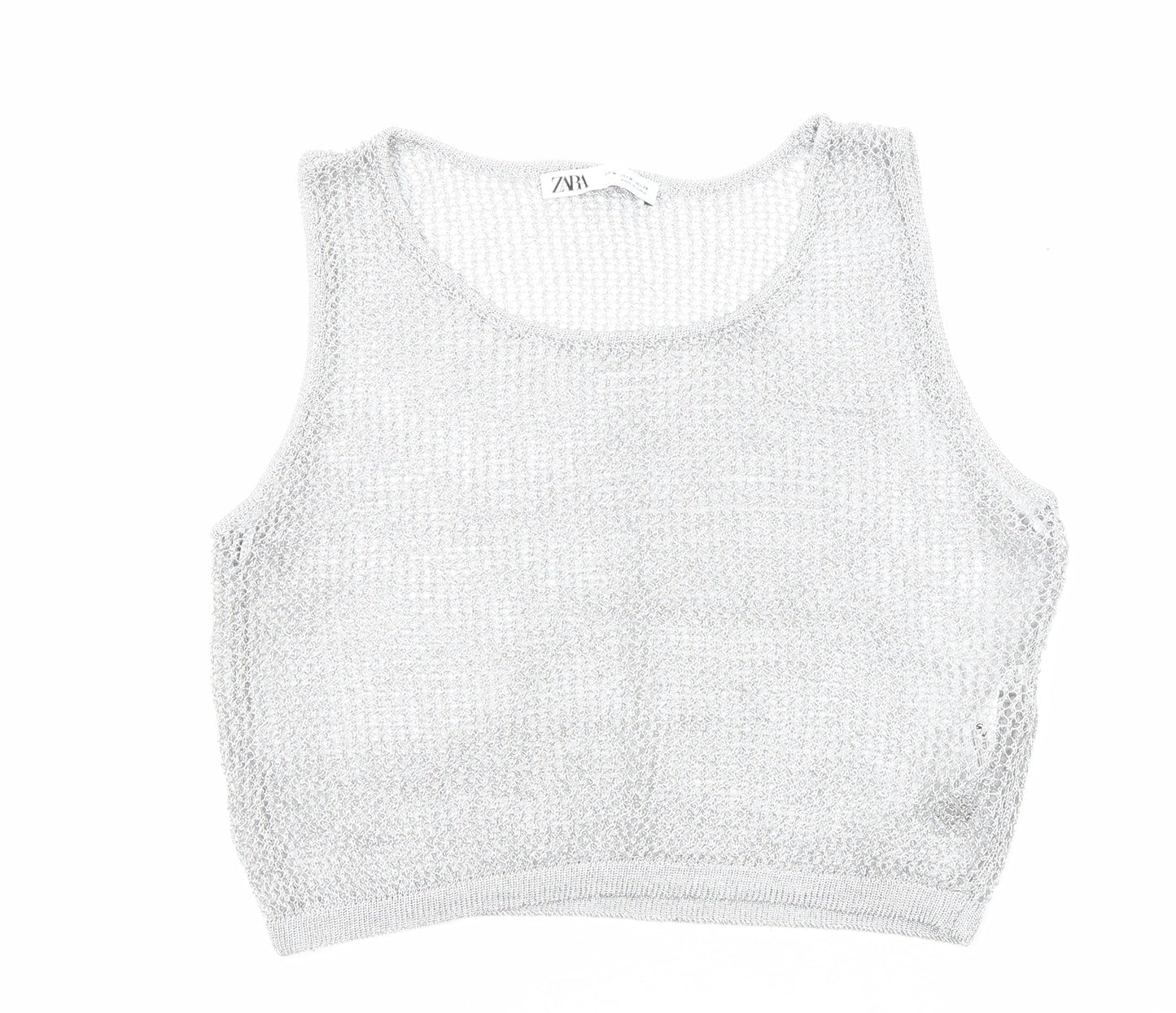 Zara Womens Silver Viscose Cropped Tank Size M Boat Neck