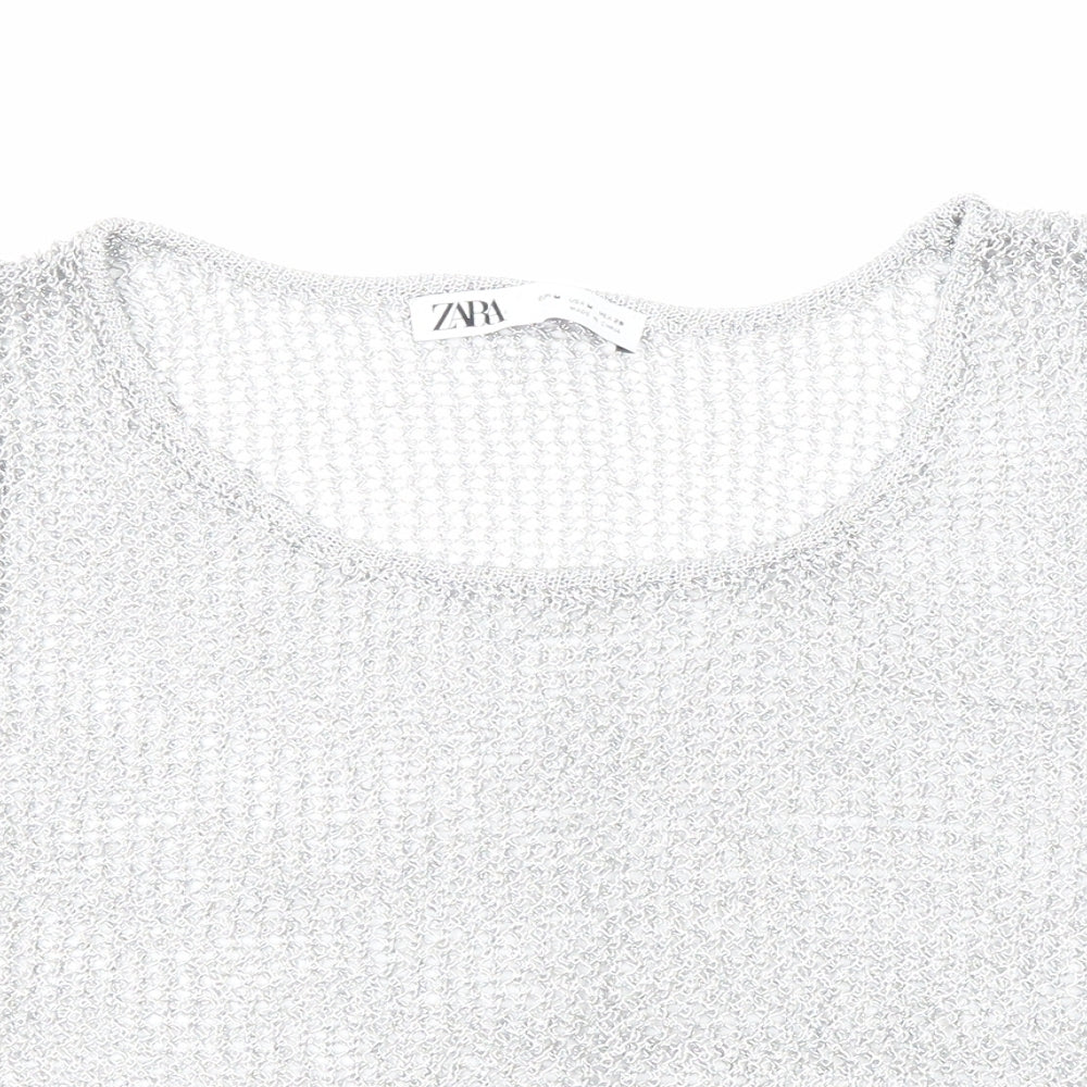 Zara Womens Silver Viscose Cropped Tank Size M Boat Neck