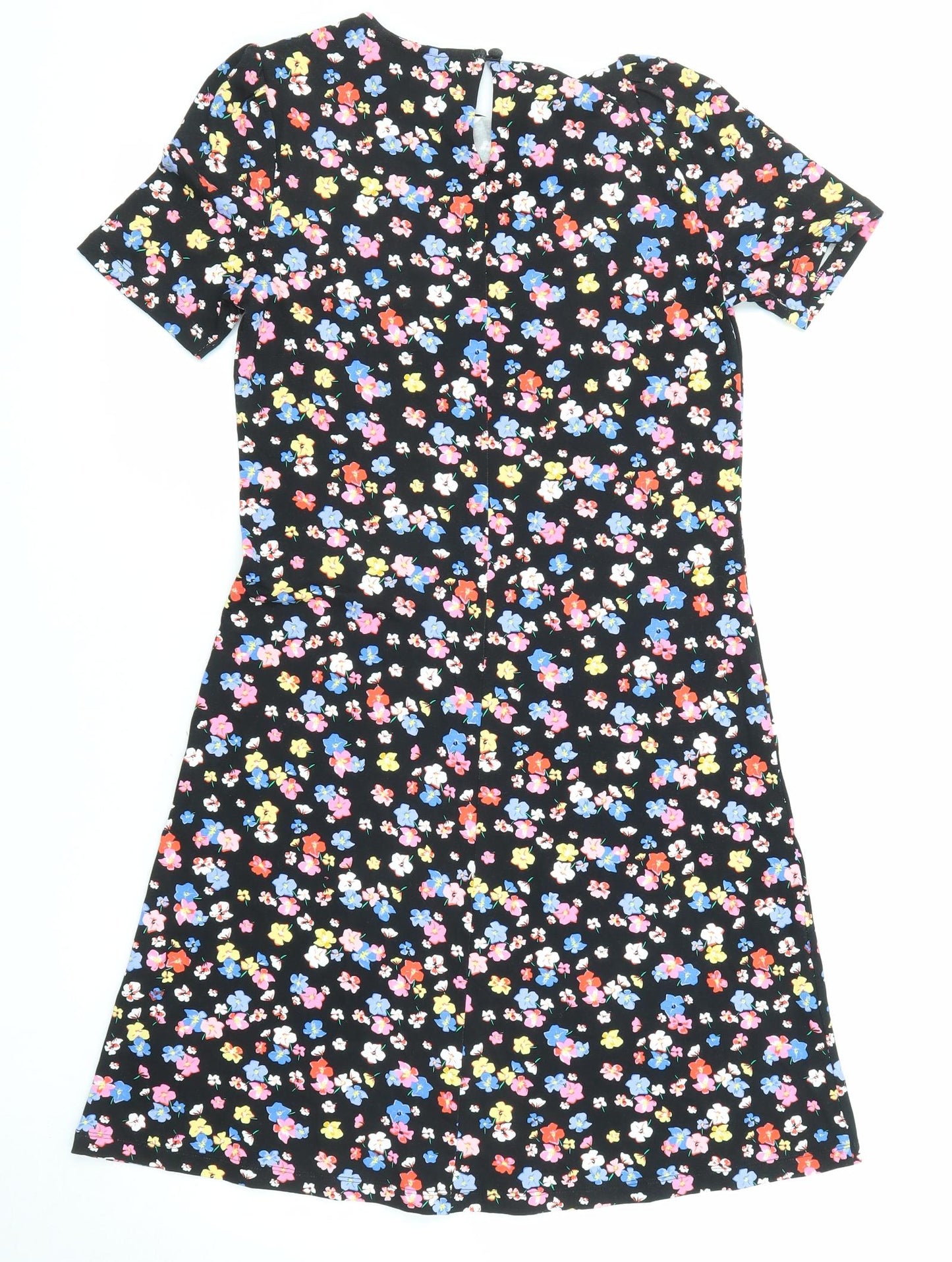 Marks and Spencer Womens Black Floral Viscose Shift Size 6 Round Neck Button