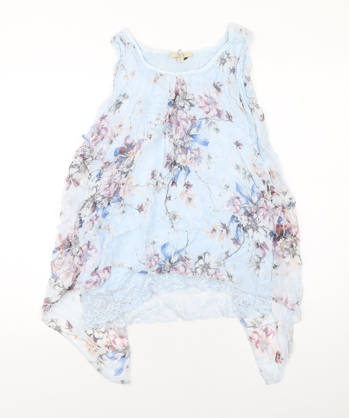Giusy Womens Blue Floral Polyester Basic Tank Size M Boat Neck - Asymmetric