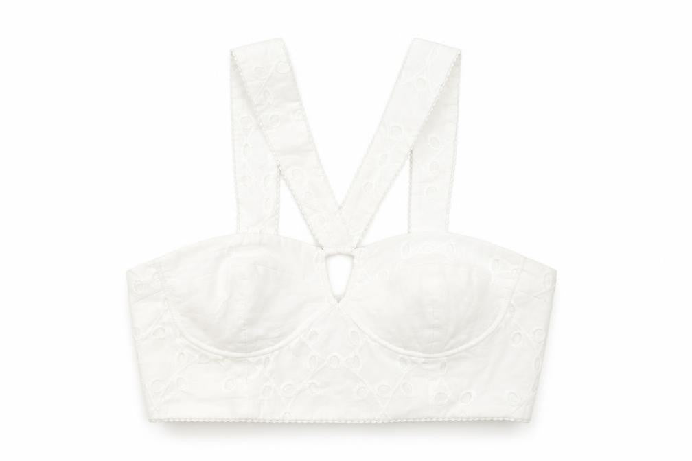 Zara Womens White Cotton Cropped Tank Size M V-Neck - Broderie Anglaise