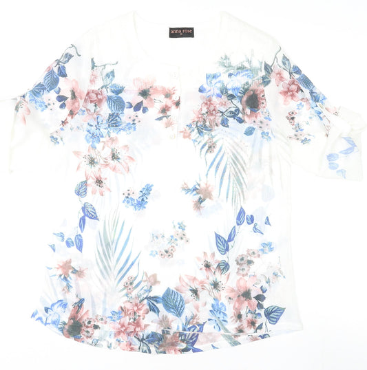 Anna Rose Womens White Floral Polyester Basic Blouse Size 10 Round Neck