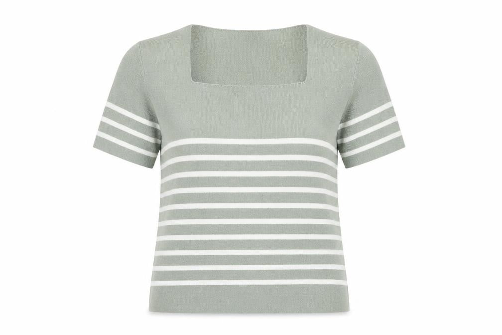 Marks and Spencer Womens Green Square Neck Striped Viscose Pullover Jumper Size 12 Pullover
