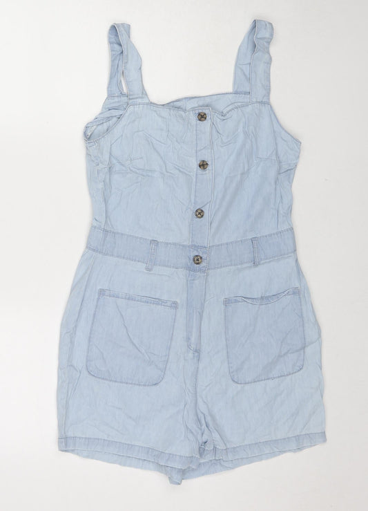 Denim & Co. Womens Blue Striped Cotton Playsuit One-Piece Size 10 Button