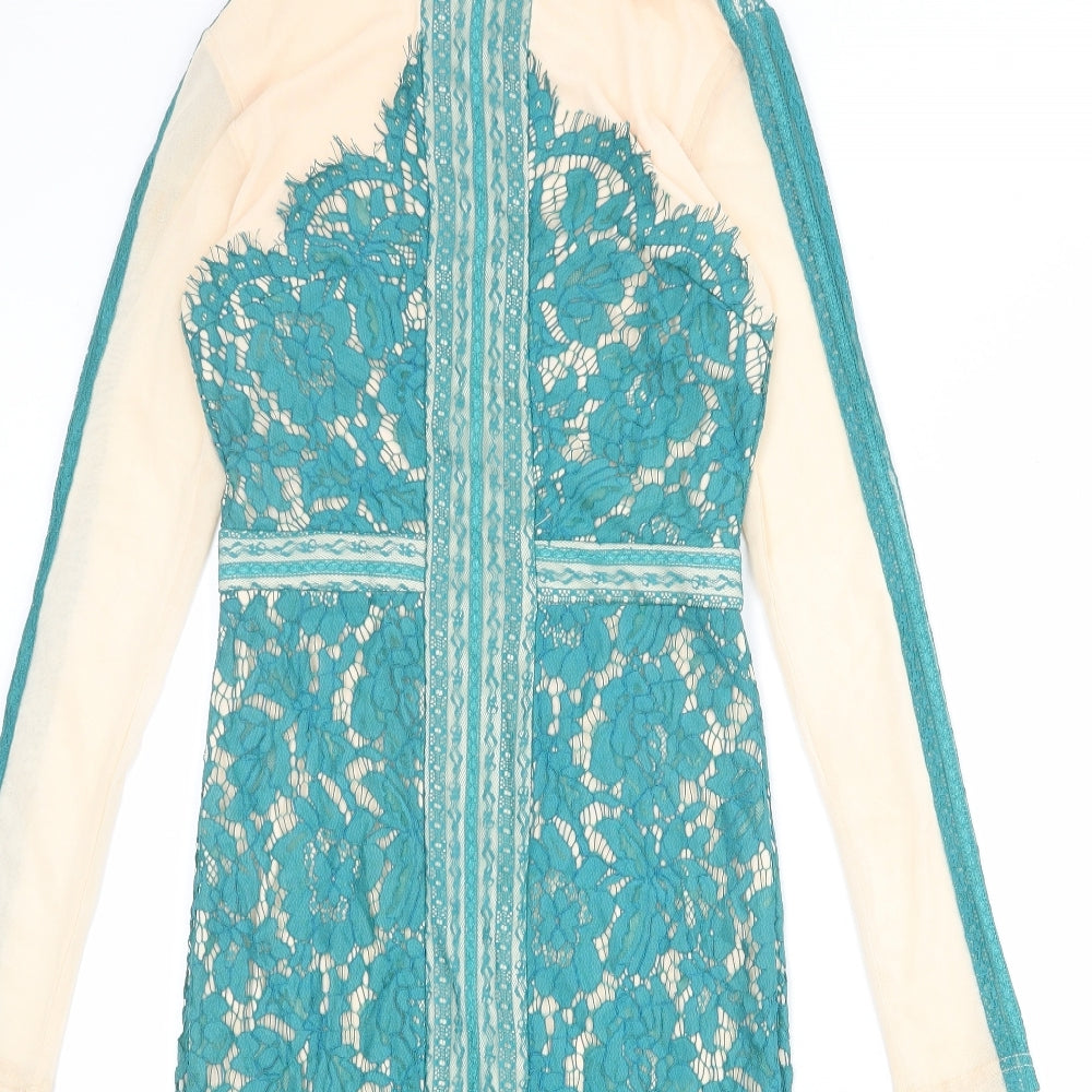 Missguided Womens Blue Polyester Bodycon Size 10 Boat Neck Zip - Lace Overlay