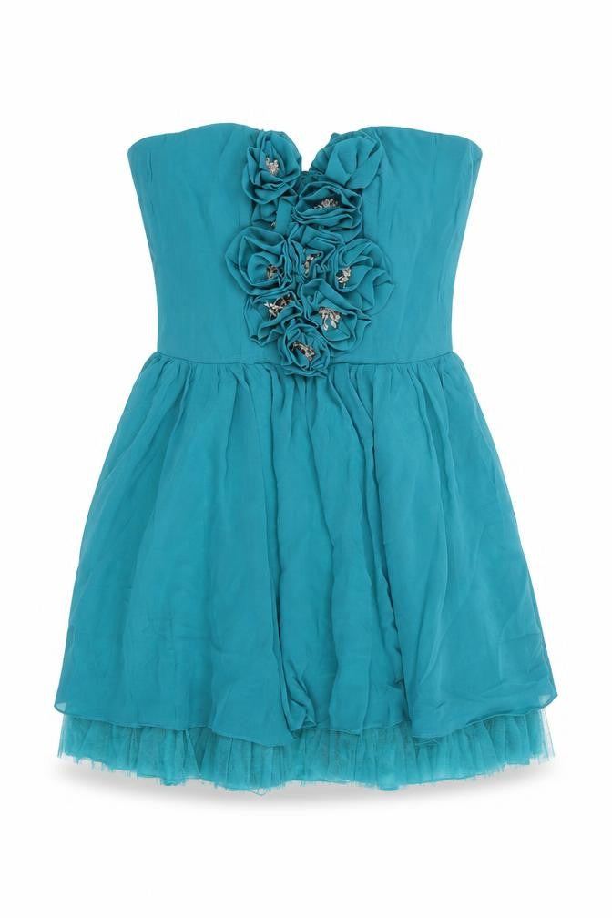 Frock and Frill Womens Blue Polyester Mini Size 10 Sweetheart Zip - 3D Flower Details Strapless