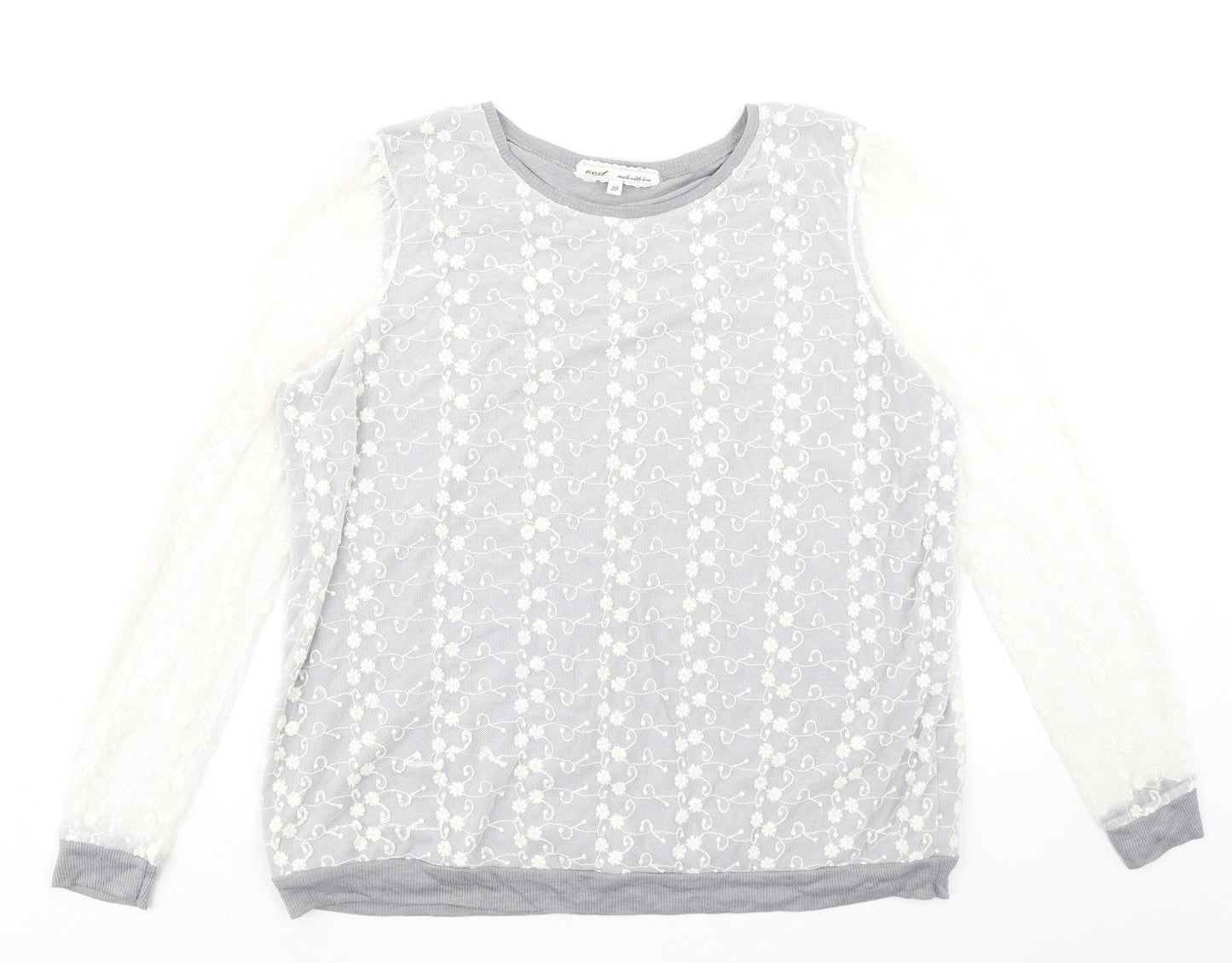 NEXT Womens Grey Floral Cotton Basic Blouse Size 20 Round Neck - Mesh Overlay