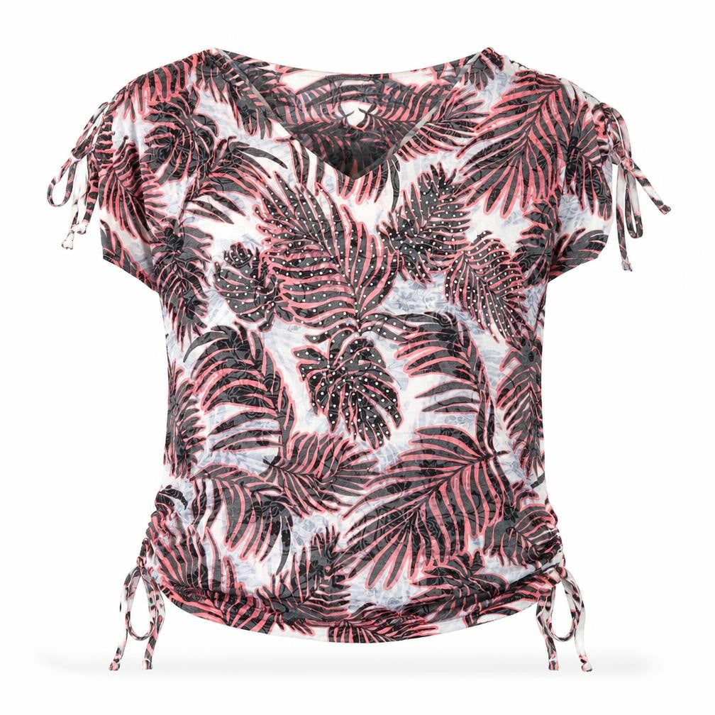 Front view of Roman women’s multicoloured geometric polyester basic t-shirt, size UK 10, v-neck - ruched