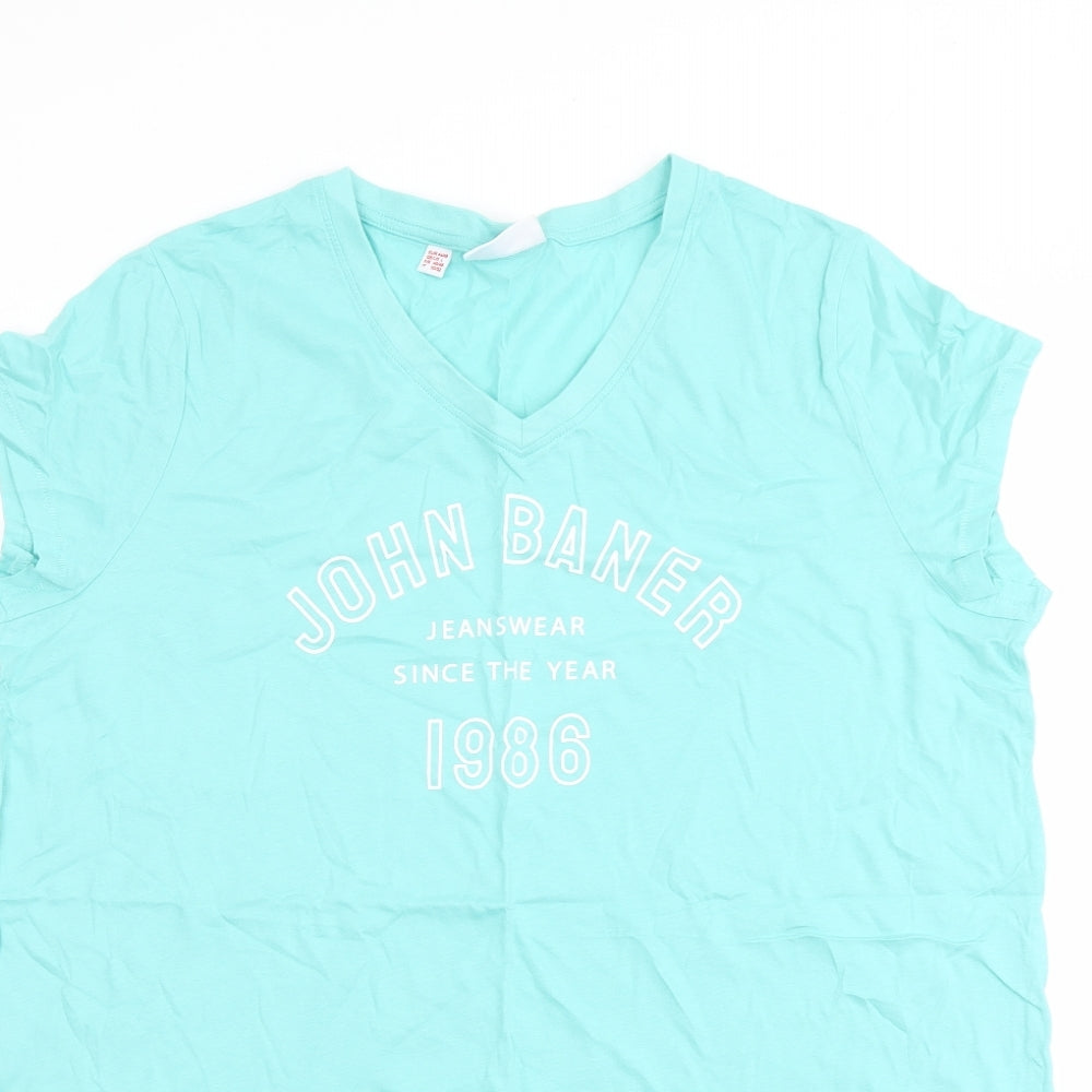 John Baner Womens Green Cotton Basic T-Shirt Size L V-Neck