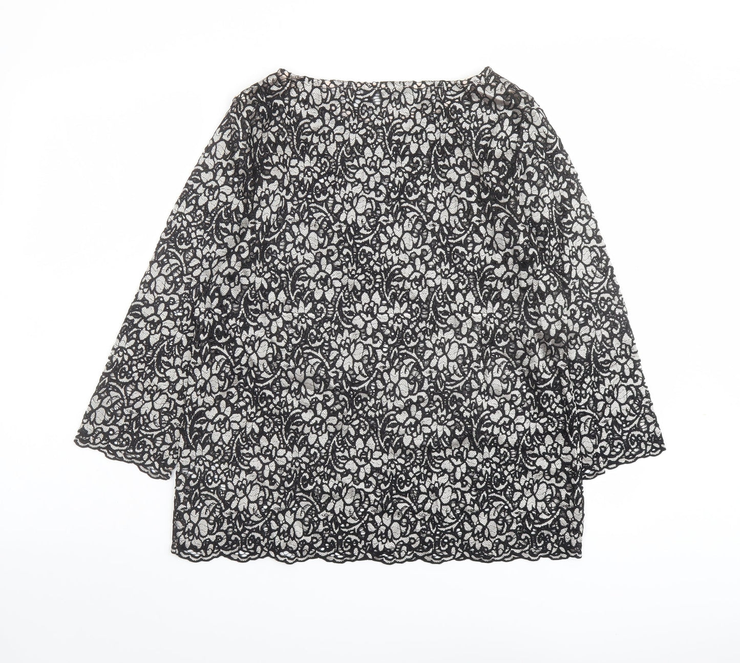Marks and Spencer Womens Black Floral Polyamide Basic Blouse Size 12 Round Neck