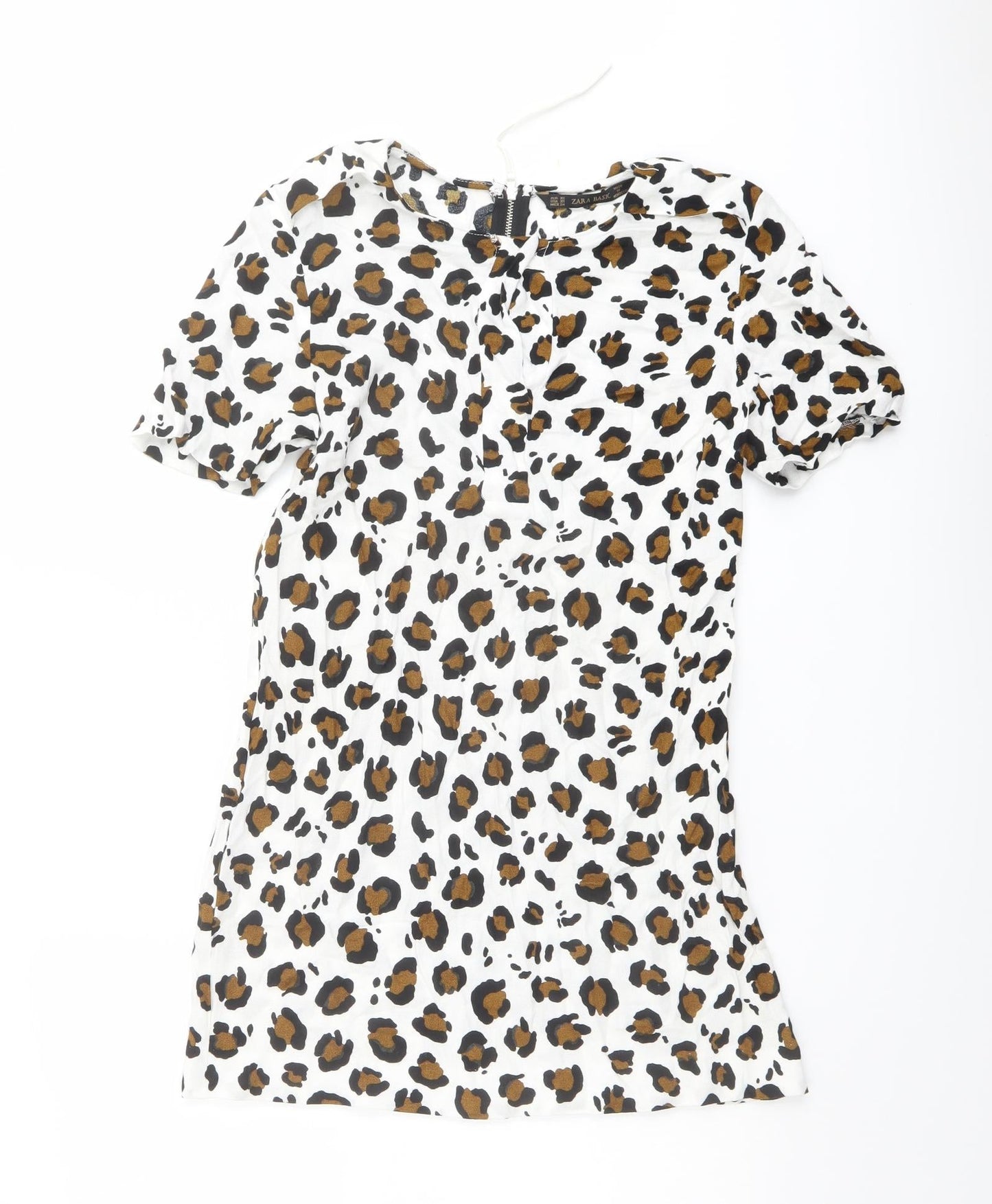 Zara Womens White Animal Print Polyester Shift Size XS Round Neck Zip - Leopard pattern