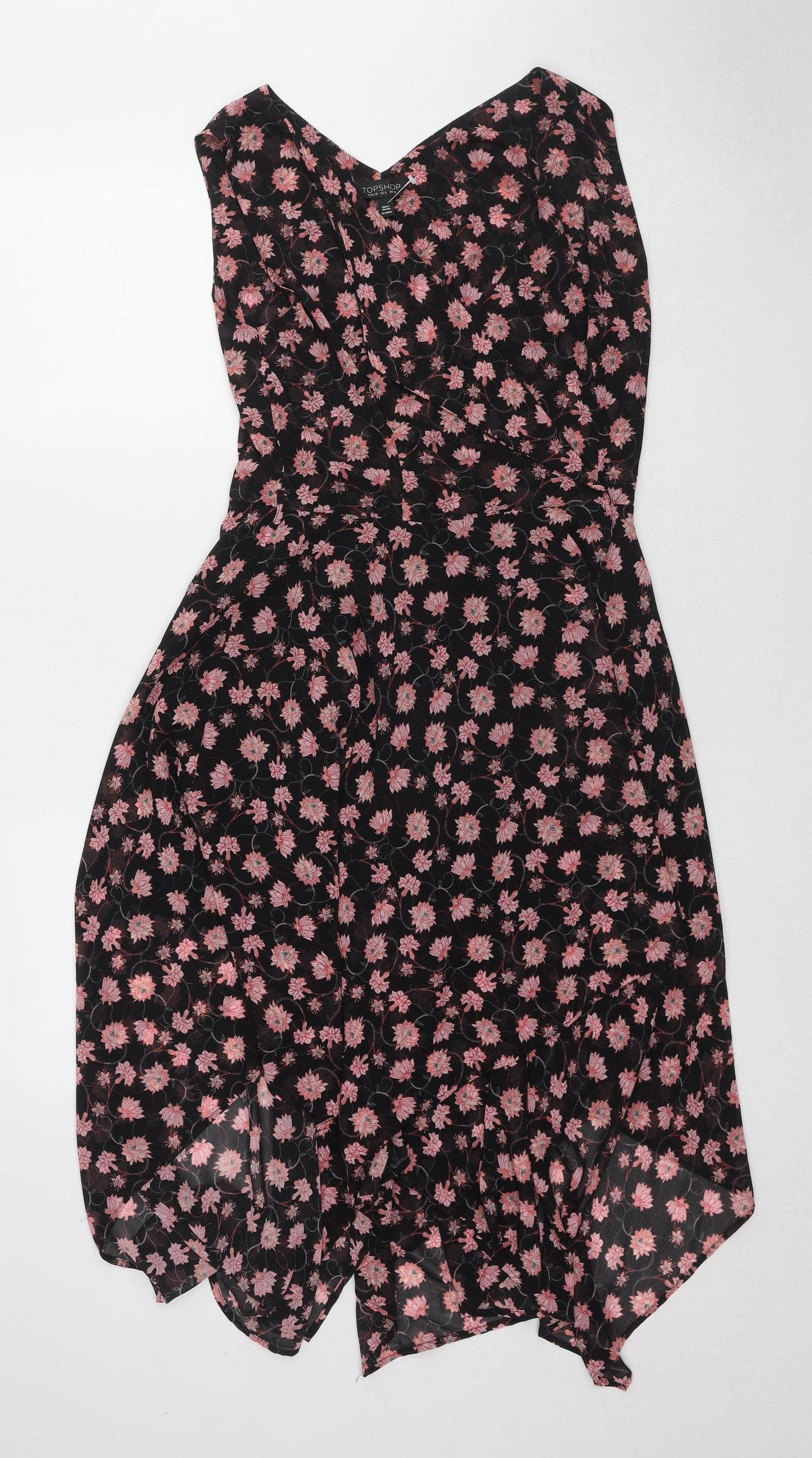 Topshop Womens Black Floral Polyester Wrap Dress Size 8 V-Neck Snap