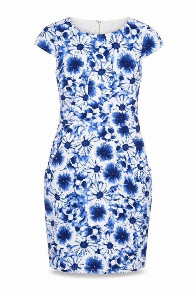 Blue Vanilla Womens Blue Floral Polyester Shift Size 10 Boat Neck Zip