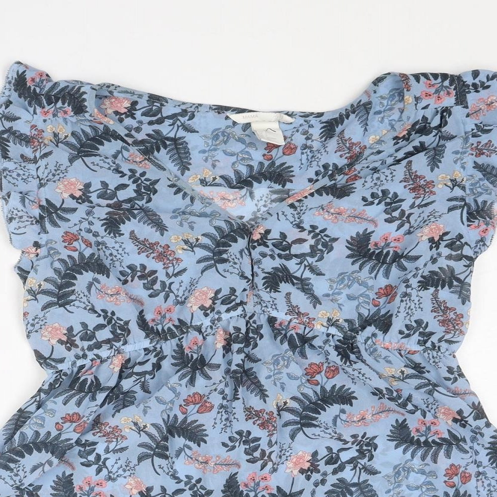 H&M Womens Blue Floral Polyester Basic Blouse Size S V-Neck