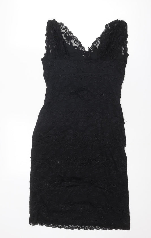 Marina Womens Black Geometric Nylon Shift Size 8 V-Neck Pullover