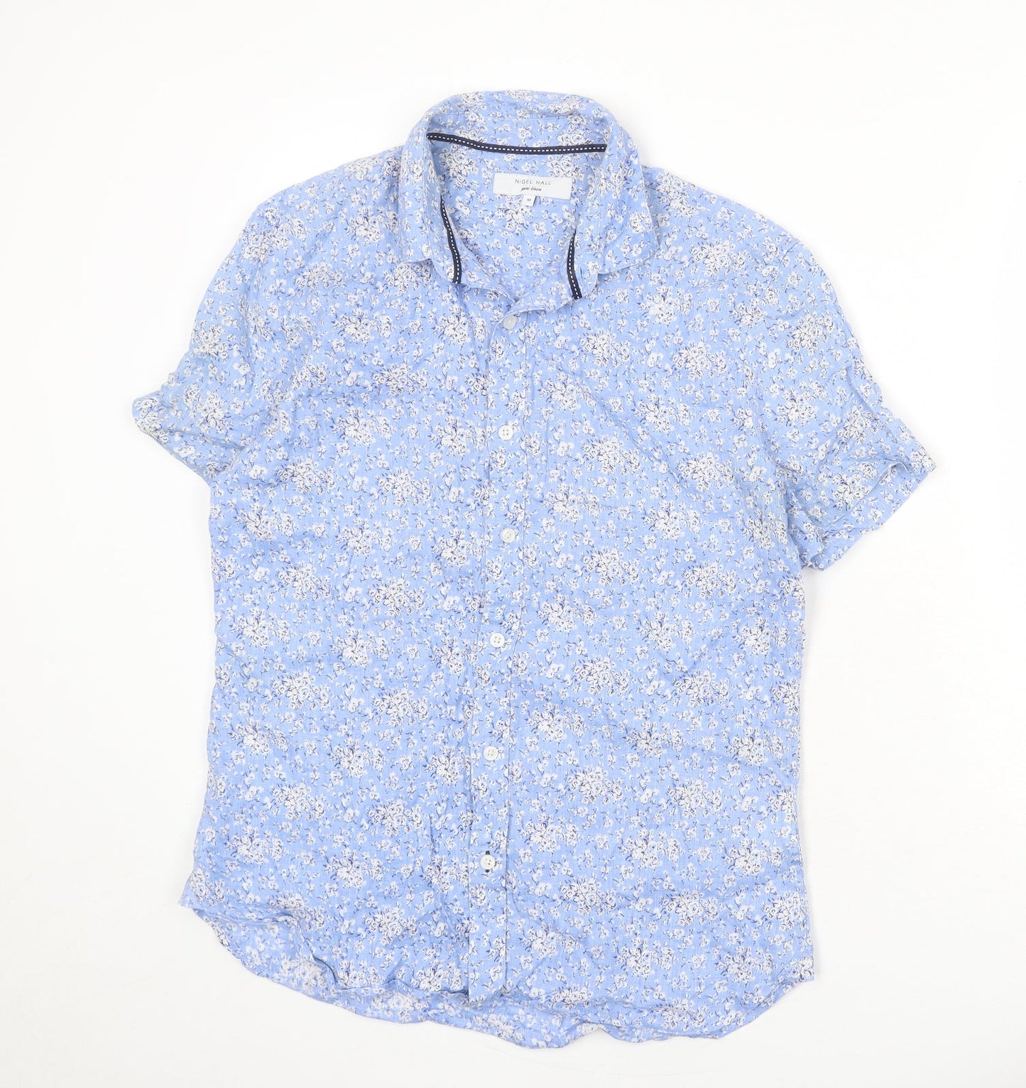 Nigel Hall Womens Blue Floral Linen Basic Button-Up Size M Collared