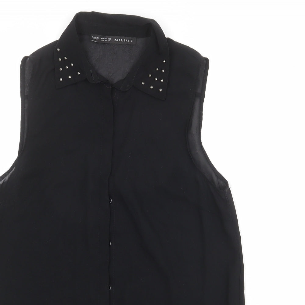 Zara Womens Black Polyester Basic Button-Up Size XS Collared
