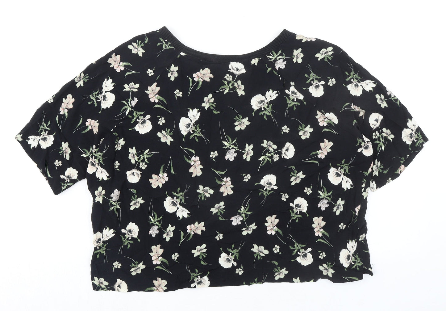 New Look Womens Black Floral Viscose Basic T-Shirt Size 16 Round Neck