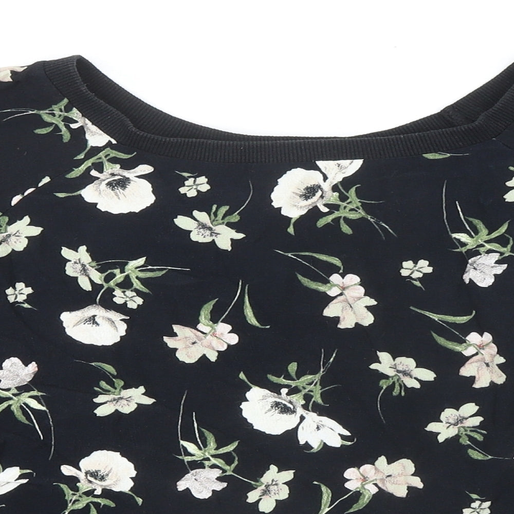 New Look Womens Black Floral Viscose Basic T-Shirt Size 16 Round Neck