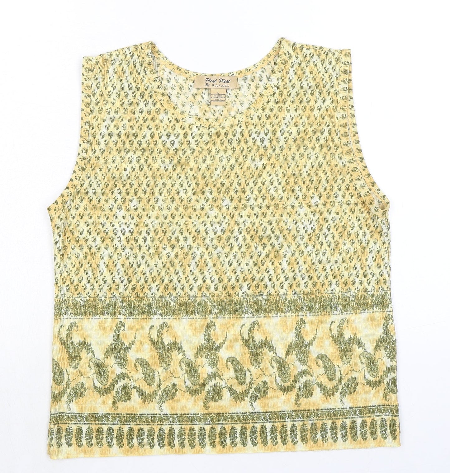 Pleat Pleat Womens Yellow Paisley Polyester Basic Tank Size L Round Neck