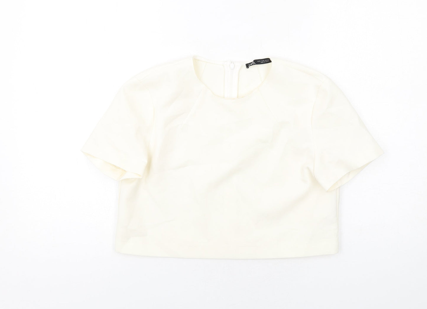 Zara Womens Ivory Polyester Cropped T-Shirt Size M Round Neck