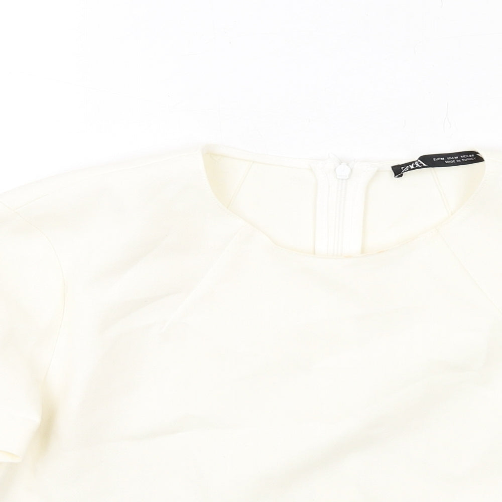 Zara Womens Ivory Polyester Cropped T-Shirt Size M Round Neck