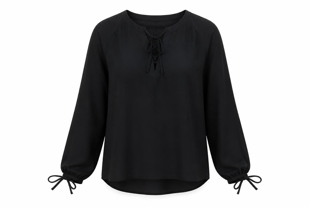 Marks and Spencer Womens Black Polyester Basic Blouse Size 10 V-Neck - Tie Sleeve Detail