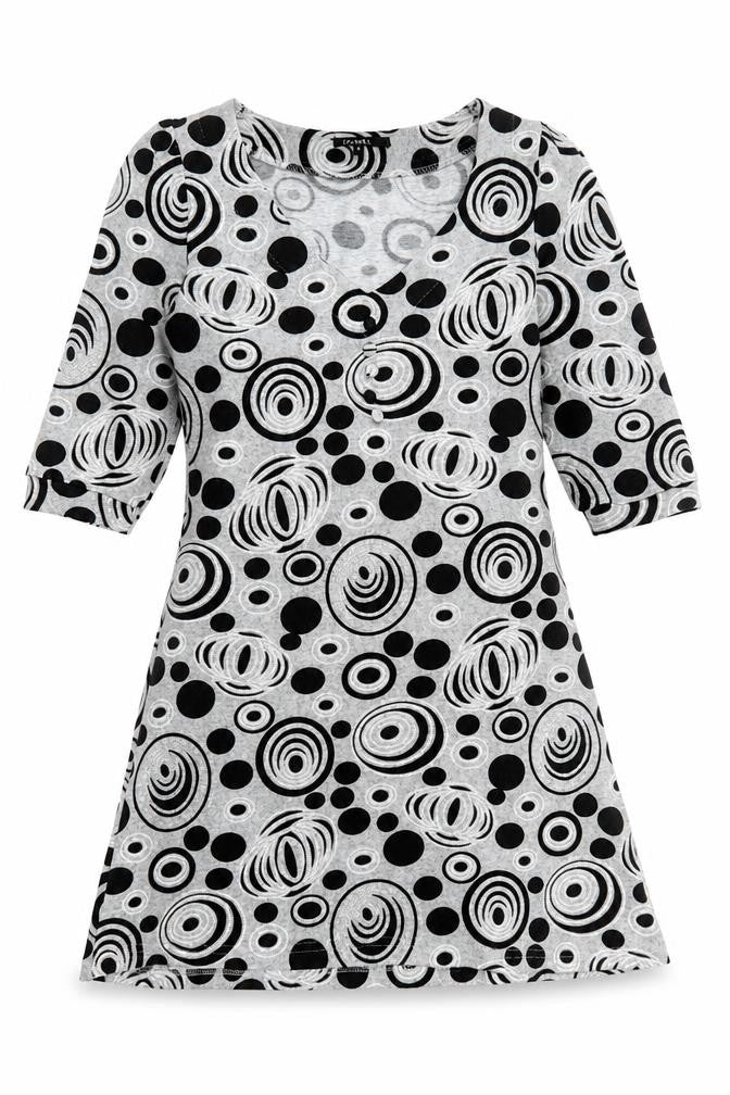 Front view of Izabel women’s grey geometric polyester a-line, size M, v-neck pullover