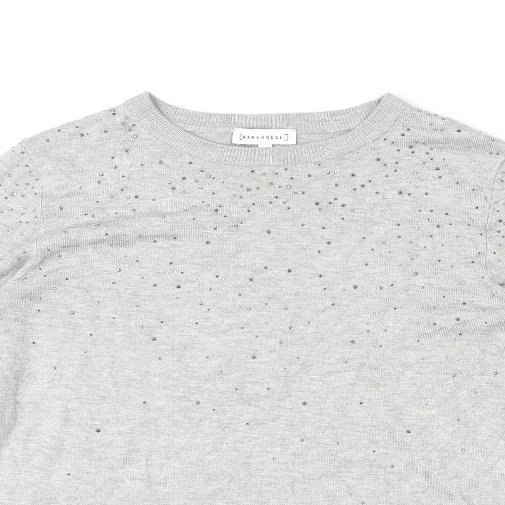 Warehouse Womens Grey Round Neck Viscose Pullover Jumper Size 12 Pullover - Beaded
