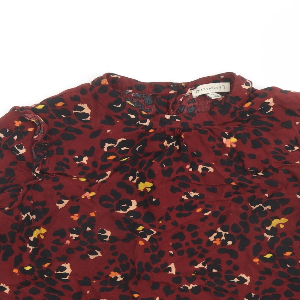 Warehouse Womens Red Animal Print Viscose Basic Blouse Size 12 Mock Neck