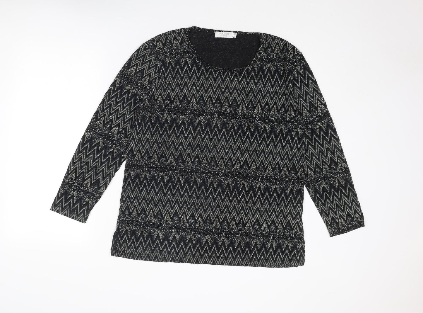 Signature Womens Black Geometric Nylon Basic Blouse Size L Crew Neck