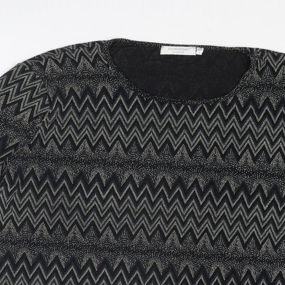 Signature Womens Black Geometric Nylon Basic Blouse Size L Crew Neck