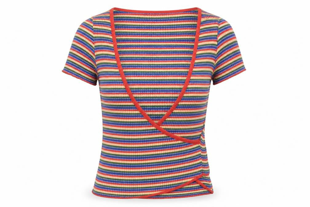 Urban Outfitters Womens Multicoloured Striped Cotton Basic T-Shirt Size S V-Neck - Wrap Front Detail