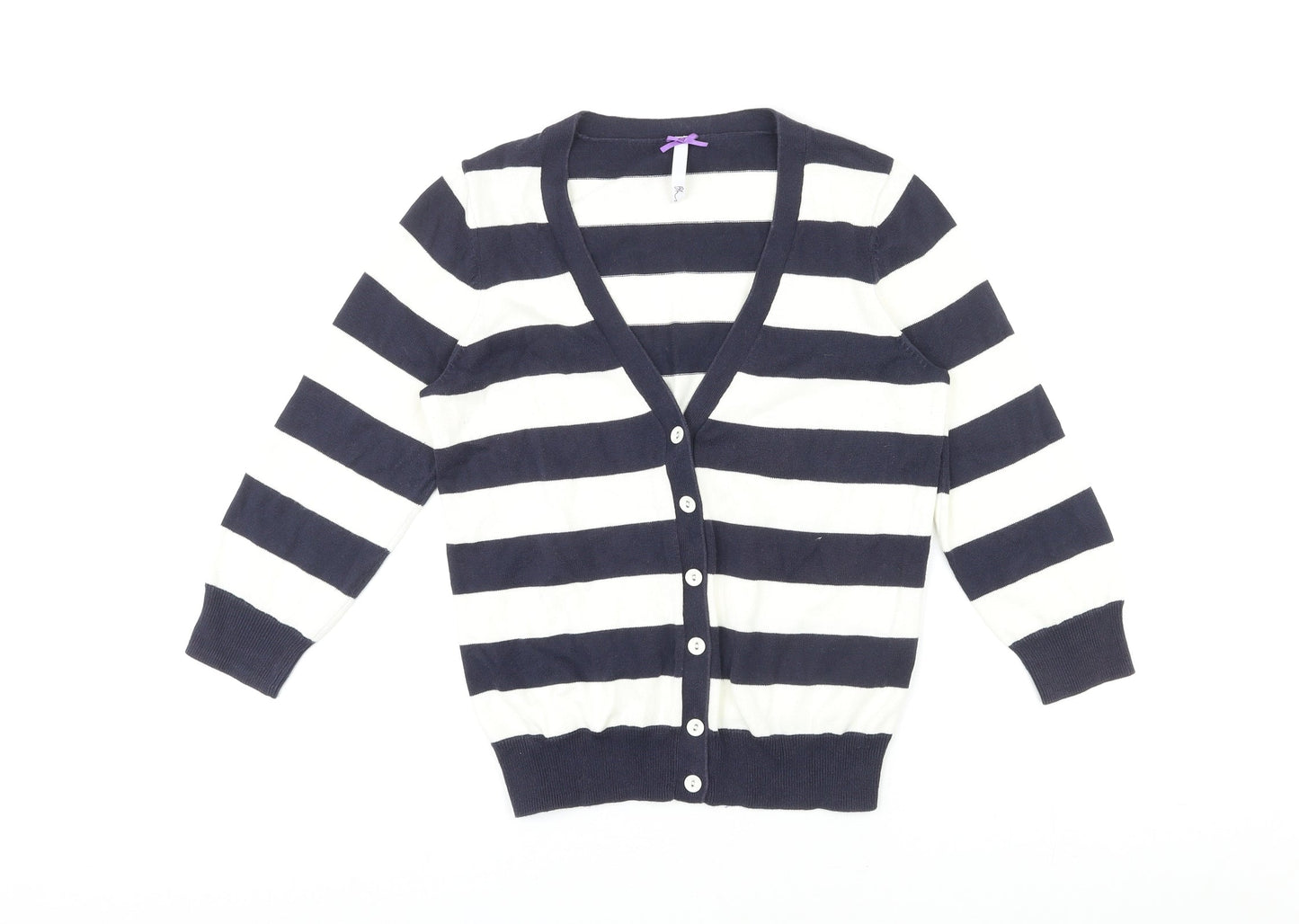 BHS Womens Blue V-Neck Striped 100% Cotton Cardigan Jumper Size 10