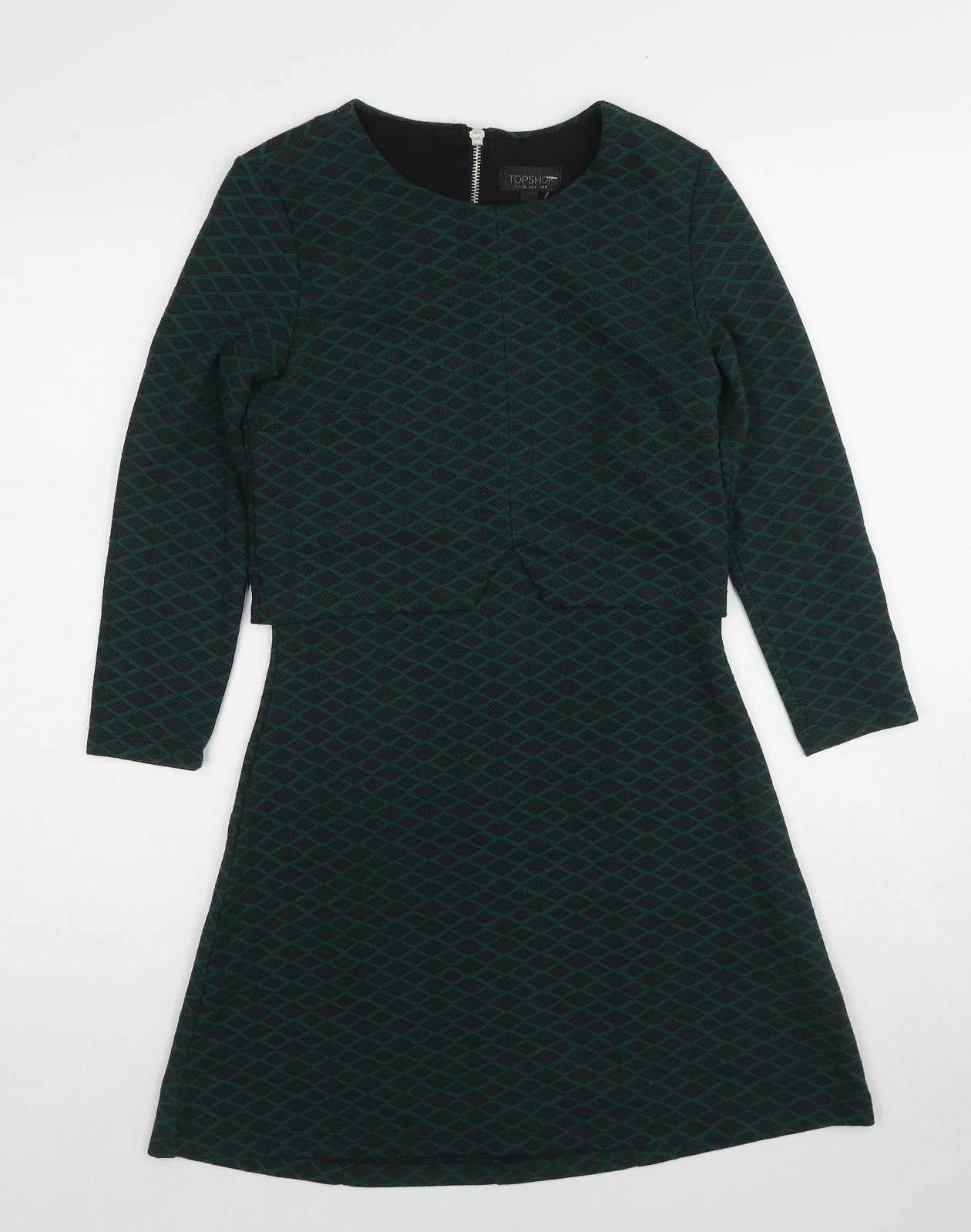 Topshop Womens Green Geometric Polyester A-Line Size 8 Round Neck Zip