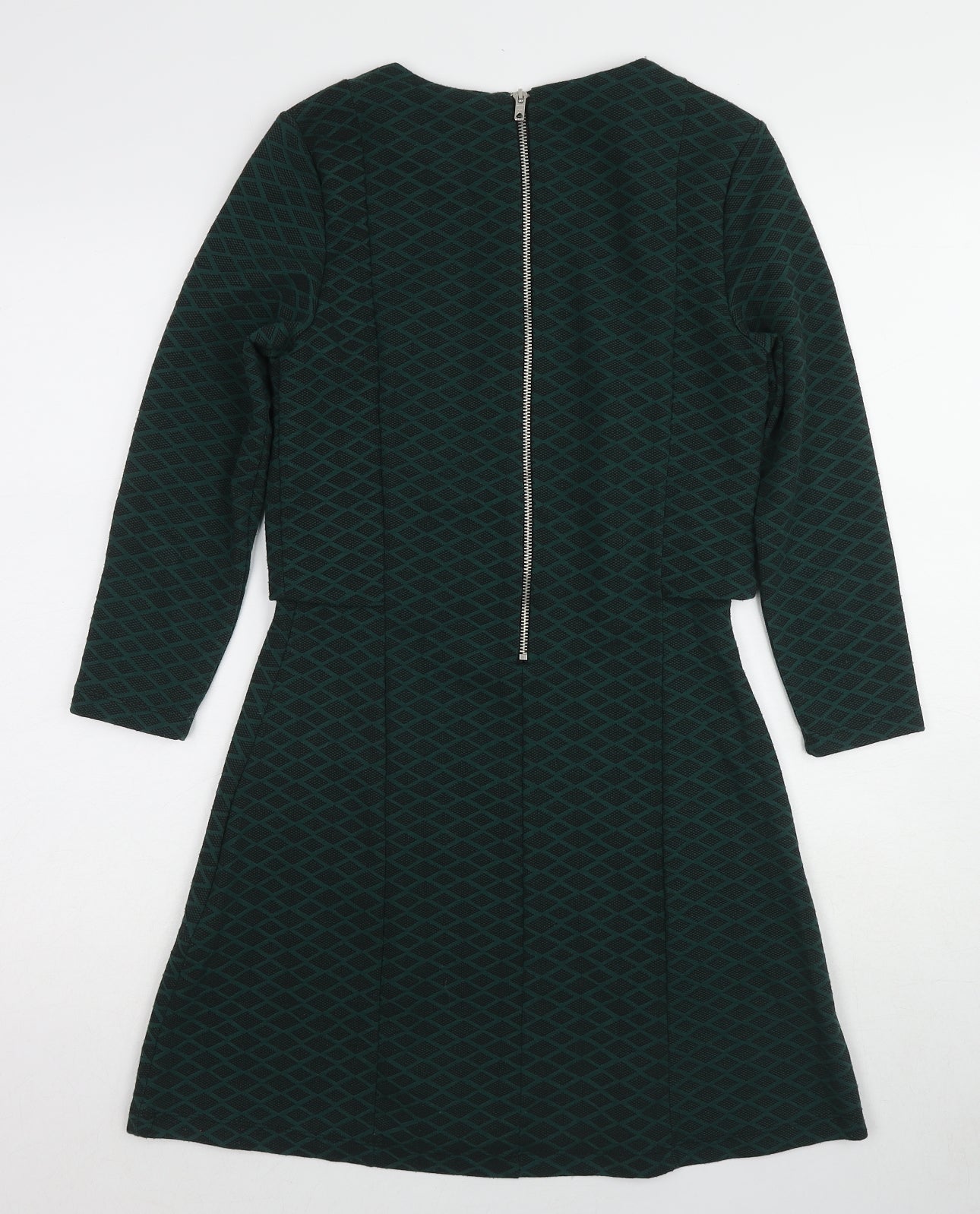 Topshop Womens Green Geometric Polyester A-Line Size 8 Round Neck Zip