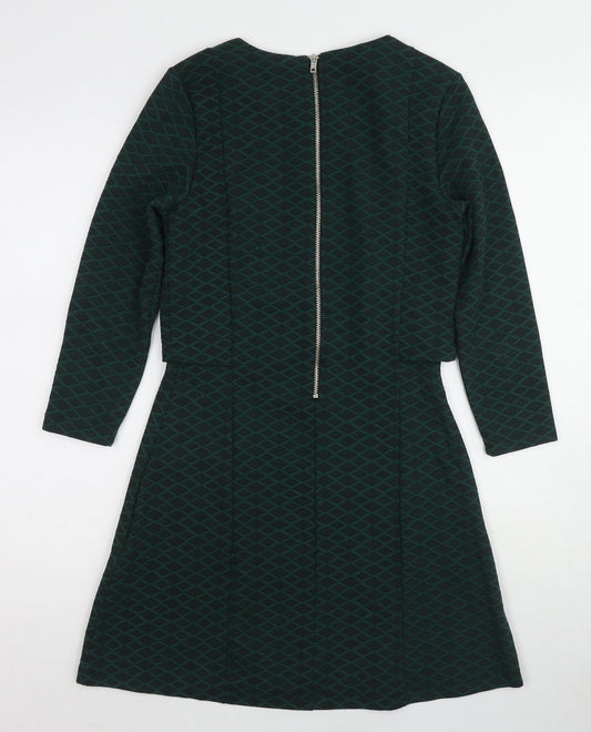 Topshop Womens Green Geometric Polyester A-Line Size 8 Round Neck Zip