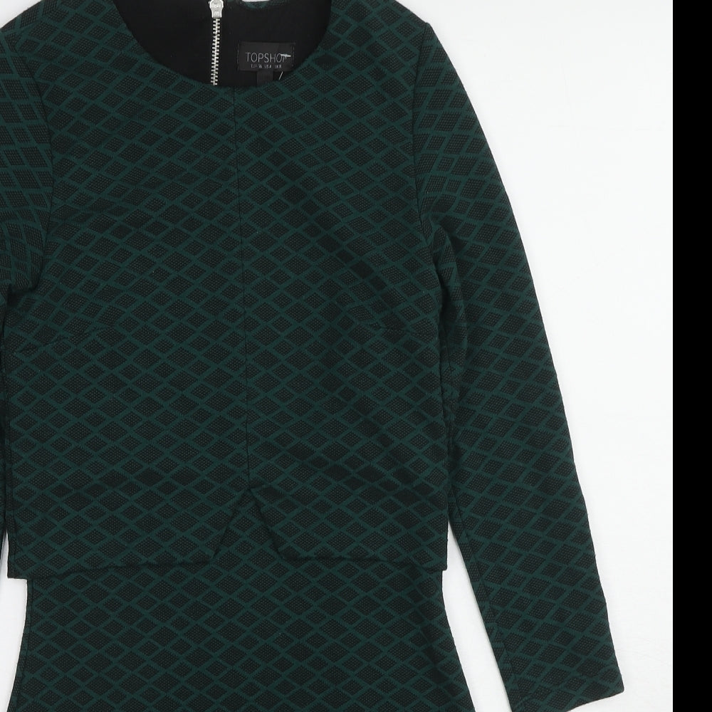 Topshop Womens Green Geometric Polyester A-Line Size 8 Round Neck Zip