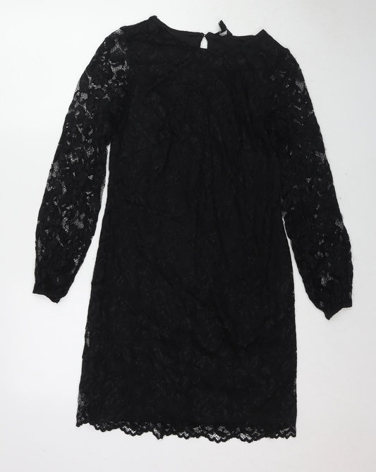 M&Co Womens Black Polyester Shift Size 8 Round Neck Button