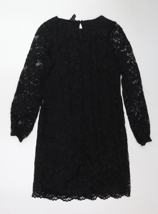 M&Co Womens Black Polyester Shift Size 8 Round Neck Button