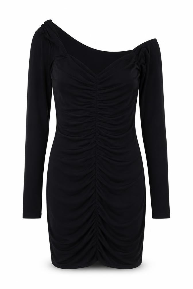 Front view of Missguided women’s black polyester shift, size UK 8, one shoulder pullover - asymmetric neckline