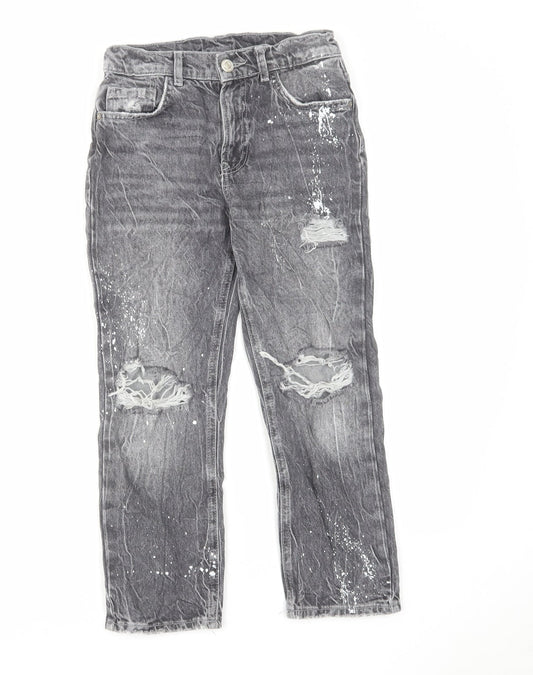 Zara Girls Grey Cotton Straight Jeans Size 8 Years Regular Zip - Distressed