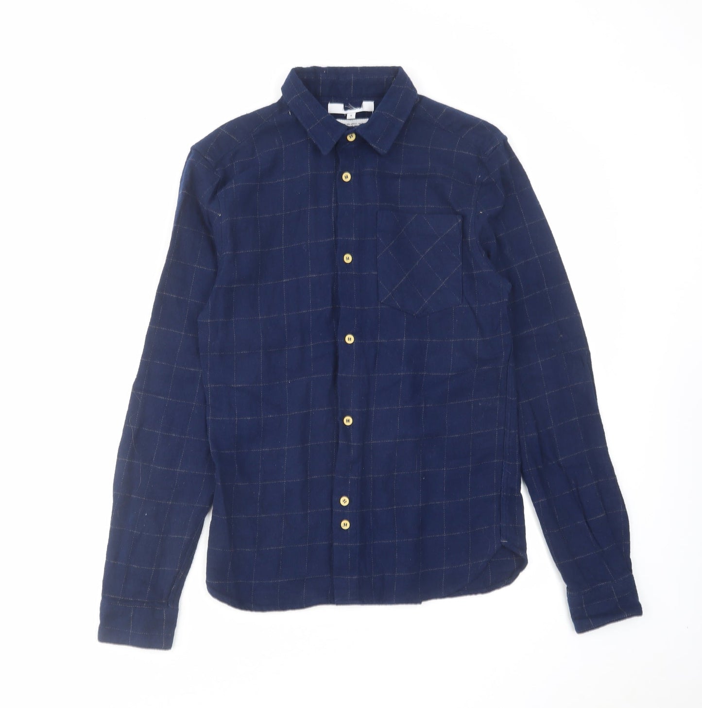 Bellfield Mens Blue Check Cotton Button-Up Size S Collared Button